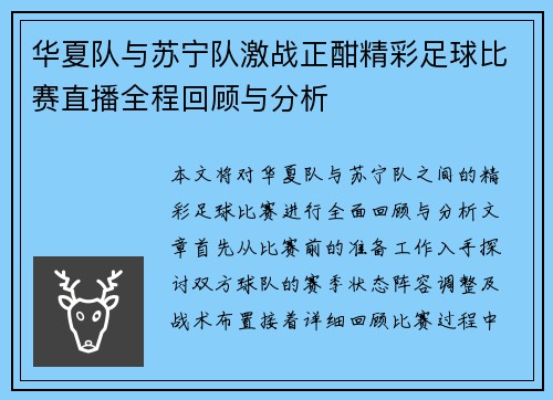 华夏队与苏宁队激战正酣精彩足球比赛直播全程回顾与分析
